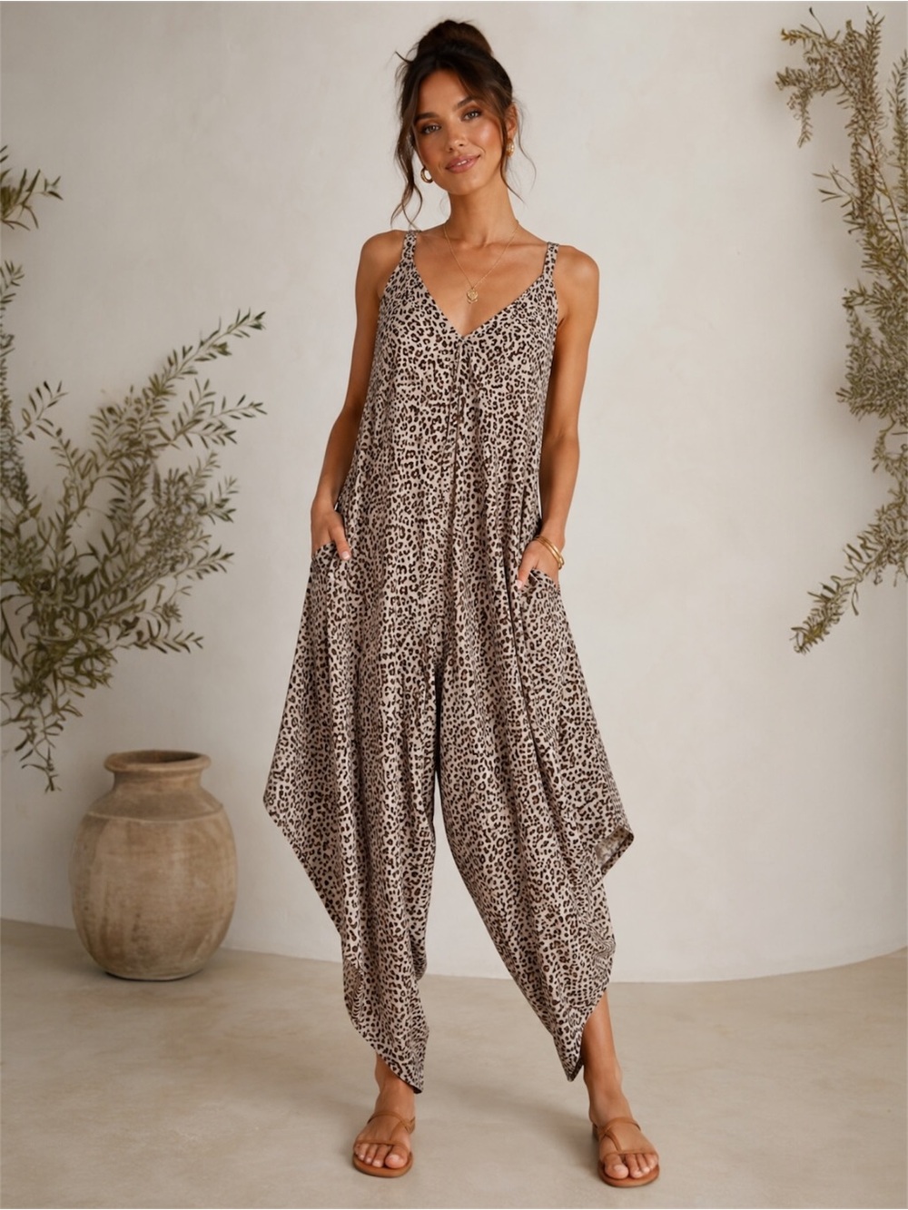 Japna Leopard Print Boho Harem L Jumpsuit Draped Romper Festival Resortwear